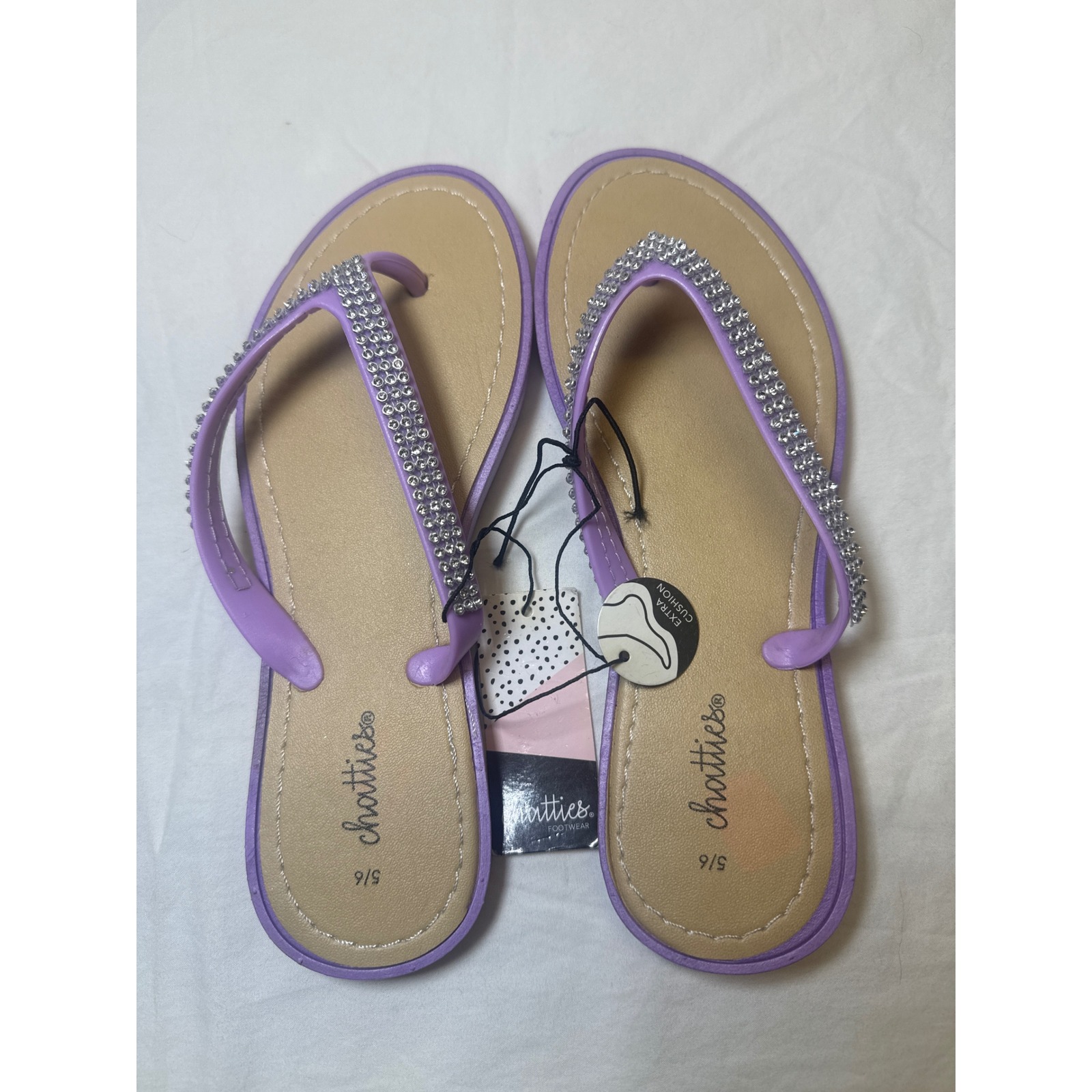 Chatties Purple Rhinestone Flip Flop Sandals Women Size 5/6 Extra Cushion New